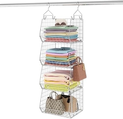 X-COSRACK 4 TIER organizador de armario plegable, estanterías de ropa con 5 ganchos, montaje en la pared y el armario de alambre de almacenamiento cestas de contenedores,