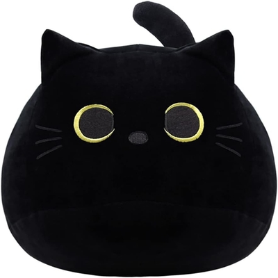 Juguete de peluche de gato negro: almohada suave y rellena de animales, decoración de sofá para bebés, diseño en forma de gato