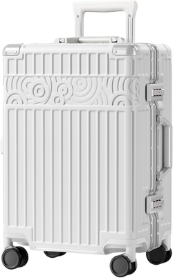 Equipaje sin cremallera con 8 ruedas 20 pulgadas maleta de carcasa dura con PC + ABS TSA Cerradura 4 esquina de metal blanco