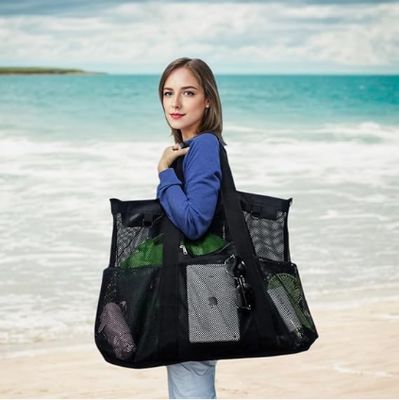 Bolsa de playa de malla metálica, bolsa de playa grande, con bolsillos con cremallera, adecuada para bolsas de piscina familiares, esencial para juguetes y vacaciones