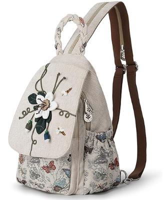 Bolso de mujer convertible, bolso artesanal de artesanía, hermoso lienzo Premium Mini mochila de día casual para mujeres (dos uvas)