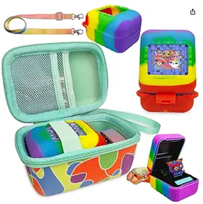 Funda de silicona y carcasa rígida para mascota digital interactiva | Accesorios para fundas protectoras de mascotas electrónicas virtuales originales Bitzee con cordón (verde azulado)
