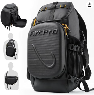 Mochila de pesca tipo bandolera, carcasa dura de EVA con estación de trabajo plegable, bolsa de aparejos convertible resistente al agua para uso frontal/trasero para 2 bandejas de 3600, para agua salada y dulce