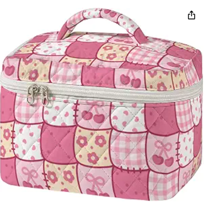 Neceser acolchado grande con estampado de costura vintage, estuche de viaje cosmético para mujer, organizador estético de patchwork para artículos de tocador con asa, brochas de cuidado de la piel, accesorios
