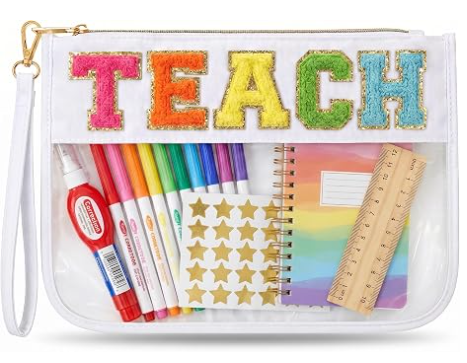 Bolsa de Maquillaje para Regalo de Agradecimiento a Maestros, Bolsa de Regalo de Graduación para Mujeres | Linda Bolsa Organizadora con Letras de Chenille TEACH. Perfectos Regalos de Fin de Año para Maestros, Neceser Transparente y Esenciales para Bolsas de Maestros