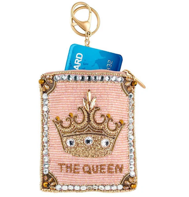 Crowned Jewel Coin Purse Soft pink beaded coin bag with glittering gold crown zipper closure easy open trigger hook key ring and credit card fitting compact design
