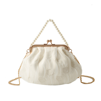 2024 NUEVO RETRO FAIRY SOLID COLOR PEQUEÑO BORSA BLANCA BORSA PERLA de mano de mujer de hilo de red en un simple bolso de cuerpo cruzado