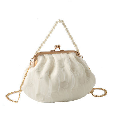 2024 NUEVO RETRO FAIRY SOLID COLOR PEQUEÑO BORSA BLANCA BORSA PERLA de mano de mujer de hilo de red en un simple bolso de cuerpo cruzado