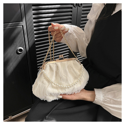 2024 NUEVO RETRO FAIRY SOLID COLOR PEQUEÑO BORSA BLANCA BORSA PERLA de mano de mujer de hilo de red en un simple bolso de cuerpo cruzado