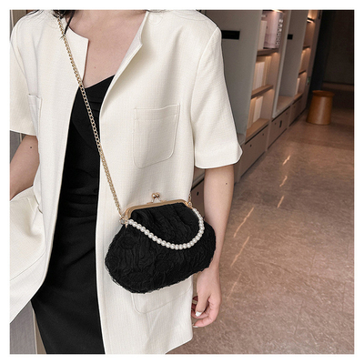 2024 NUEVO RETRO FAIRY SOLID COLOR PEQUEÑO BORSA BLANCA BORSA PERLA de mano de mujer de hilo de red en un simple bolso de cuerpo cruzado