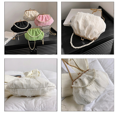 2024 NUEVO RETRO FAIRY SOLID COLOR PEQUEÑO BORSA BLANCA BORSA PERLA de mano de mujer de hilo de red en un simple bolso de cuerpo cruzado