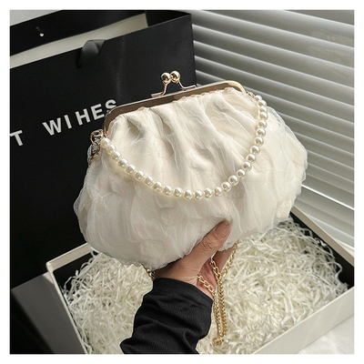 2024 NUEVO RETRO FAIRY SOLID COLOR PEQUEÑO BORSA BLANCA BORSA PERLA de mano de mujer de hilo de red en un simple bolso de cuerpo cruzado