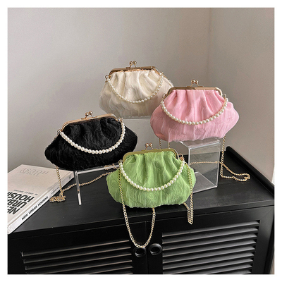 2024 NUEVO RETRO FAIRY SOLID COLOR PEQUEÑO BORSA BLANCA BORSA PERLA de mano de mujer de hilo de red en un simple bolso de cuerpo cruzado