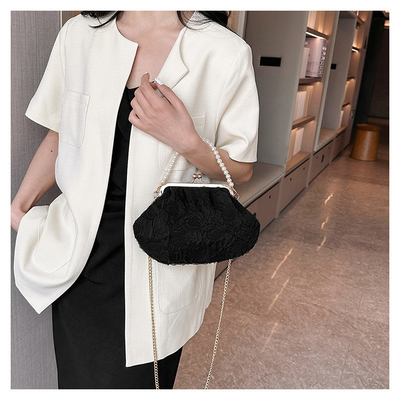 2024 NUEVO RETRO FAIRY SOLID COLOR PEQUEÑO BORSA BLANCA BORSA PERLA de mano de mujer de hilo de red en un simple bolso de cuerpo cruzado