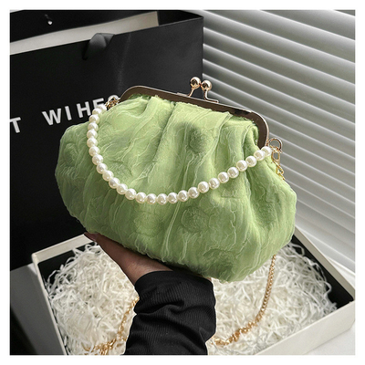 2024 NUEVO RETRO FAIRY SOLID COLOR PEQUEÑO BORSA BLANCA BORSA PERLA de mano de mujer de hilo de red en un simple bolso de cuerpo cruzado