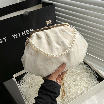 2024 NUEVO RETRO FAIRY SOLID COLOR PEQUEÑO BORSA BLANCA BORSA PERLA de mano de mujer de hilo de red en un simple bolso de cuerpo cruzado