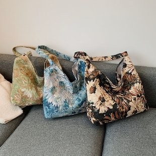 BOLSA DE MUJERES DE GRAN Capacidad BOLSA FRANCESA de lienzo sencillo BOLSA Pintura al óleo estilo nacional BOLSA de hombro BOLSA TOTE BUCKET BOLSA