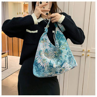 BOLSA DE MUJERES DE GRAN Capacidad BOLSA FRANCESA de lienzo sencillo BOLSA Pintura al óleo estilo nacional BOLSA de hombro BOLSA TOTE BUCKET BOLSA