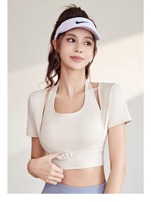 Nuevo pescado de secado rápido con collar de yoga manga corta manga corta con colchón de pecho camiseta ajustada de deporte manga corta