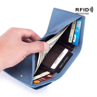 PULSO ANTIROBO de cuero de mujer cartera de tarjeta corta bolsa de tres plegados cartera pequeña RFID MINI de piel de vaca moneda cartera transfronteriza
