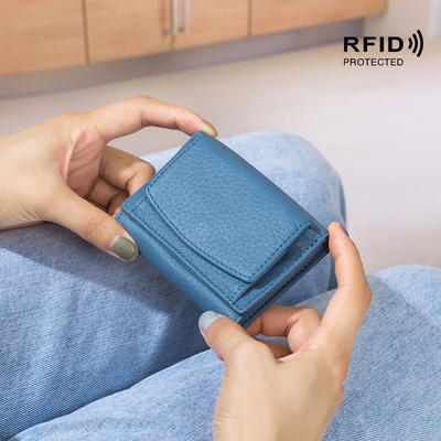 PULSO ANTIROBO de cuero de mujer cartera de tarjeta corta bolsa de tres plegados cartera pequeña RFID MINI de piel de vaca moneda cartera transfronteriza