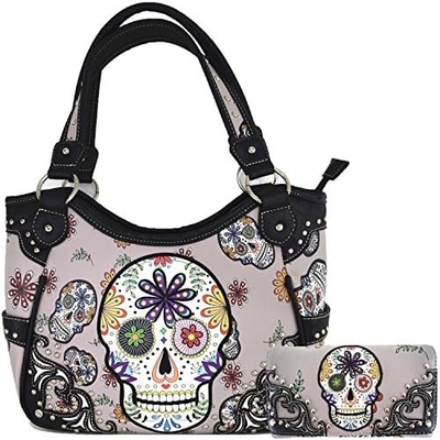 Punk GOTHIC ROCK METALLIC SCALLE DÍA DE LOS MUERTOS azucar floral cráneo de cuero bolso de mujeres bolso de hombro bolsa cartera conjunto