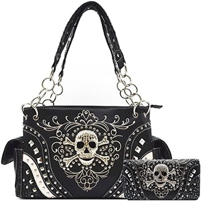 Punk GOTHIC ROCK METALLIC SCALLE DÍA DE LOS MUERTOS azucar floral cráneo de cuero bolso de mujeres bolso de hombro bolsa cartera conjunto