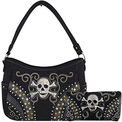 Punk GOTHIC ROCK METALLIC SCALLE DÍA DE LOS MUERTOS azucar floral cráneo de cuero bolso de mujeres bolso de hombro bolsa cartera conjunto