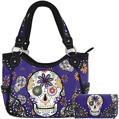 Punk GOTHIC ROCK METALLIC SCALLE DÍA DE LOS MUERTOS azucar floral cráneo de cuero bolso de mujeres bolso de hombro bolsa cartera conjunto