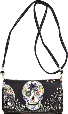 Punk GOTHIC ROCK METALLIC SCALLE DÍA DE LOS MUERTOS azucar floral cráneo de cuero bolso de mujeres bolso de hombro bolsa cartera conjunto