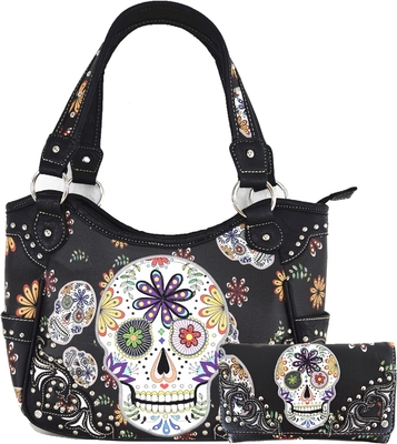Punk GOTHIC ROCK METALLIC SCALLE DÍA DE LOS MUERTOS azucar floral cráneo de cuero bolso de mujeres bolso de hombro bolsa cartera conjunto