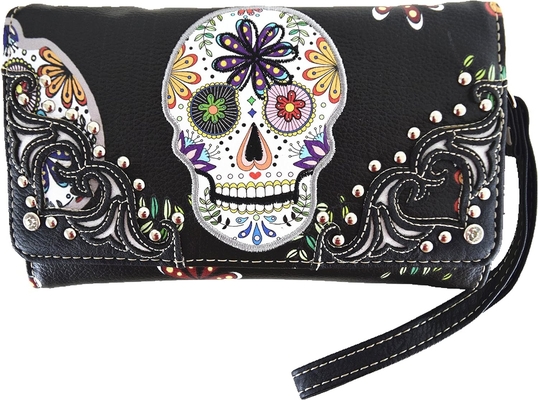 Punk GOTHIC ROCK METALLIC SCALLE DÍA DE LOS MUERTOS azucar floral cráneo de cuero bolso de mujeres bolso de hombro bolsa cartera conjunto