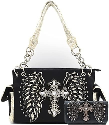 Estilo occidental RINESTONE CROSS STUDED LASER CUT WINGS herramientas de cuero bolso de mujeres bolsos de mano de país bolso de hombro cartera S