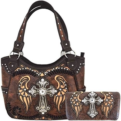 Estilo occidental RINESTONE CROSS STUDED LASER CUT WINGS herramientas de cuero bolso de mujeres bolsos de mano de país bolso de hombro cartera S