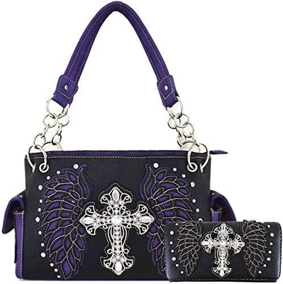 Estilo occidental RINESTONE CROSS STUDED LASER CUT WINGS herramientas de cuero bolso de mujeres bolsos de mano de país bolso de hombro cartera S