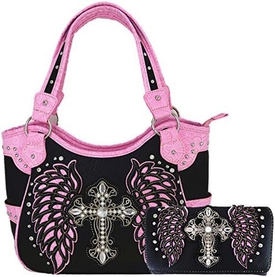 Estilo occidental RINESTONE CROSS STUDED LASER CUT WINGS herramientas de cuero bolso de mujeres bolsos de mano de país bolso de hombro cartera S