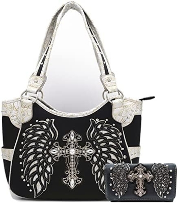 Estilo occidental RINESTONE CROSS STUDED LASER CUT WINGS herramientas de cuero bolso de mujeres bolsos de mano de país bolso de hombro cartera S