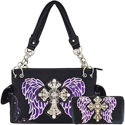 Estilo occidental RINESTONE CROSS STUDED LASER CUT WINGS herramientas de cuero bolso de mujeres bolsos de mano de país bolso de hombro cartera S