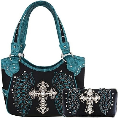 Estilo occidental RINESTONE CROSS STUDED LASER CUT WINGS herramientas de cuero bolso de mujeres bolsos de mano de país bolso de hombro cartera S