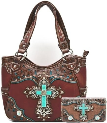 Estilo occidental RINESTONE CROSS STUDED LASER CUT WINGS herramientas de cuero bolso de mujeres bolsos de mano de país bolso de hombro cartera S