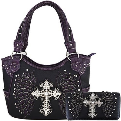 Estilo occidental RINESTONE CROSS STUDED LASER CUT WINGS herramientas de cuero bolso de mujeres bolsos de mano de país bolso de hombro cartera S