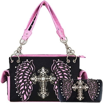 Estilo occidental RINESTONE CROSS STUDED LASER CUT WINGS herramientas de cuero bolso de mujeres bolsos de mano de país bolso de hombro cartera S