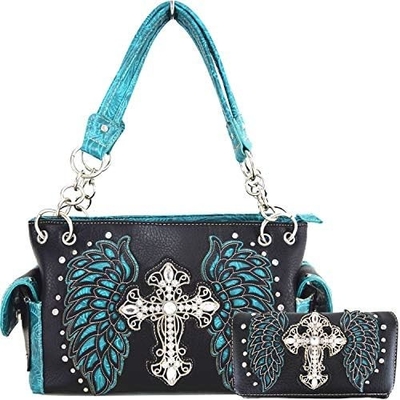Estilo occidental RINESTONE CROSS STUDED LASER CUT WINGS herramientas de cuero bolso de mujeres bolsos de mano de país bolso de hombro cartera S
