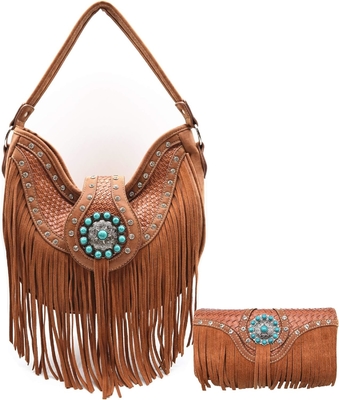 Fresura de estilo occidental conchos gem rhinestone de cuero trenzado de punta bolso de país bolso de mano de mujer bolso de hombro cartera de juego