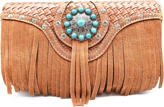 Fresura de estilo occidental conchos gem rhinestone de cuero trenzado de punta bolso de país bolso de mano de mujer bolso de hombro cartera de juego