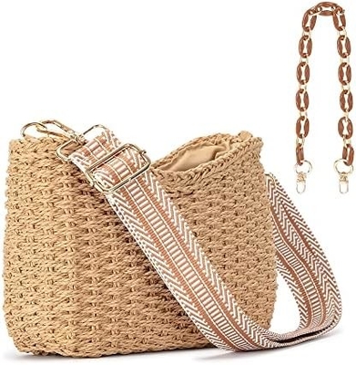 HERALD Pequeño bolsillo de paja hecho a mano bolsillo de cuerpo cruzado bolso para mujeres, verano elegante bolso de mano de tejido bolso de hombro con cadena