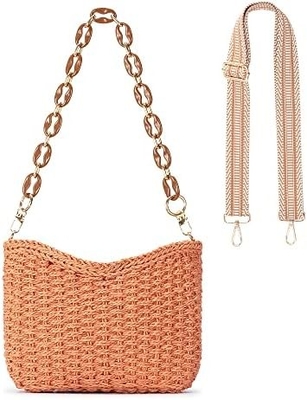HERALD Pequeño bolsillo de paja hecho a mano bolsillo de cuerpo cruzado bolso para mujeres, verano elegante bolso de mano de tejido bolso de hombro con cadena