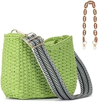 HERALD Pequeño bolsillo de paja hecho a mano bolsillo de cuerpo cruzado bolso para mujeres, verano elegante bolso de mano de tejido bolso de hombro con cadena