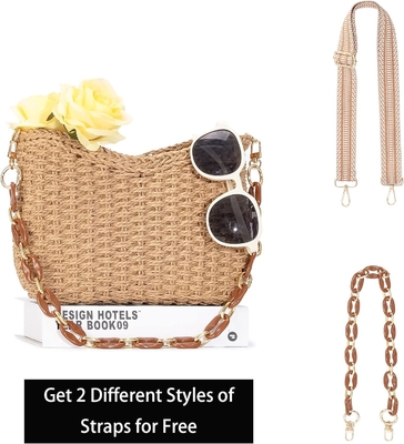 HERALD Pequeño bolsillo de paja hecho a mano bolsillo de cuerpo cruzado bolso para mujeres, verano elegante bolso de mano de tejido bolso de hombro con cadena