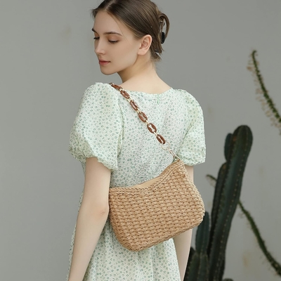 HERALD Pequeño bolsillo de paja hecho a mano bolsillo de cuerpo cruzado bolso para mujeres, verano elegante bolso de mano de tejido bolso de hombro con cadena